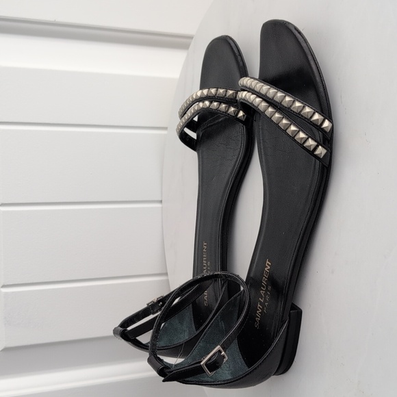 Saint Laurent Paris Leather Studded Ankle Strap Flats - Picture 3 of 8